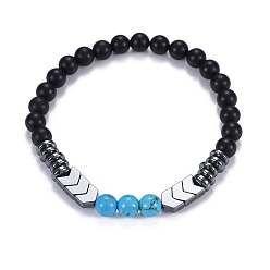 Синтетическая Бирюза Эластичные браслеты из натуральных черных агатовых (окрашенных) и синтетических бирюзовых (окрашенных) бусин, с немагнитных синтетическими гематита бисера, 2 дюйм (5.2 см)