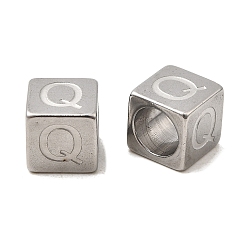 Letter Q 304 из нержавеющей стали европейские шарики, бусины с большим отверстием, куб с письмом, Буква Q, 7x7x7 мм, отверстие : 5 мм