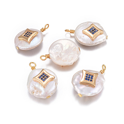 Темно-Синий Подвески из натурального пресноводного жемчуга, с латунными микро проложить кубических выводы циркония, самородки со звездой, золотые, темно-синий, 17~26x11~16x5~11 мм, отверстие : 1.6~2 мм