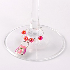 Red Alloy Enamel Mixed Color Handbag Wine Glass Charms, with Rhinestone, Transparent Acrylic Beads and Brass Hoop Earrings, Platinum, Red, 47mm, Pin: 0.7mm