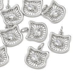 Platinum SHEGRACE Brass Clear Cubic Zirconia Charms, Cat Head Shape Charms, Cadmium Free & Lead Free & Nickel Free, Platinum, 14.5x13x3.5mm, Hole: 3mm