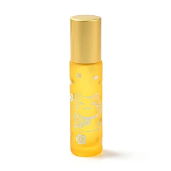Gold Glass Essential Oil Roller Bottles, with Lid and Stainless Steel Roller Balls, Refillable Bottles, Column with Fortune Cat Pattern & Chinese Character, Gold, 2x8.6cm, Hole: 9.5mm, Capacity: 10ml(0.34fl. oz)