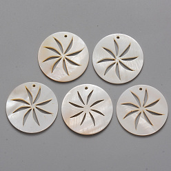 Freshwater Shell Natural Freshwater Shell Pendants, Flat Round with Hollow Windmill, 30x2mm, Hole: 1.6mm