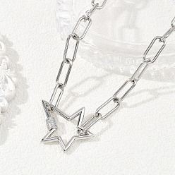 Платиновый & Цвет Нержавейки 304 колье из нержавеющей стали, карабины с винтовыми замками из латуни с микропаве и прозрачным кубическим цирконием, украшенные звездообразными латунными микроэлементами., платины и нержавеющая сталь цвет, 17.78 дюйм (45.15 см)