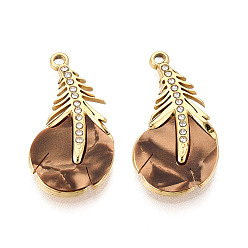 Верблюжий 304 Подвески из нержавеющей стали, эмали и стразов, прелести из перьев, золотые, верблюжие, 24.5x13x2.5 мм, отверстие : 1.5 мм