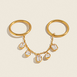 Real 18K Gold Plated 304 Stainless Steel Pave Cubic Zirconia Double Finger Rings, Rectangle with Teardrop, Real 18K Gold Plated, US Size 6 1/2(16.9mm)