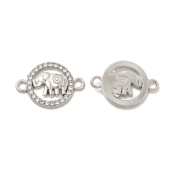 Platinum Alloy Connector Charms with Crystal Rhinestone, Flat Round Links with Elephant, Nickel, Platinum, 16x22.5x2.5mm, Hole: 2.4mm