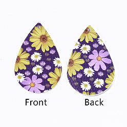 Lila Pu-Leder große Anhänger, Träne, mit Blumenmuster, lila, 55x35x2 mm, Bohrung: 2 mm