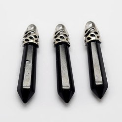 Black Agate Bullet Natural Black Agate Pointed Pendants, with Platinum Plated Brass Findings, 34~45x8~10mm, Hole: 3mm