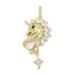 Настоящее золото 18K Латунные микропаве прозрачные подвески с фианитом, прелести единорога, без кадмия и без свинца, долговечный, стойки покрытие, реальный 18 k позолоченный, 32.5x17.5x4 мм, отверстие : 5x3 мм