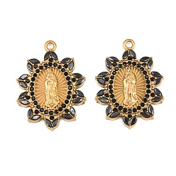 Jet 304 Stainless Steel Rhinestone Pendants, Flower with Virgin Mary Charms, Ion Plating(IP), Real 18K Gold Plated, Jet, 26.5x20x3mm, Hole: 1.7mm