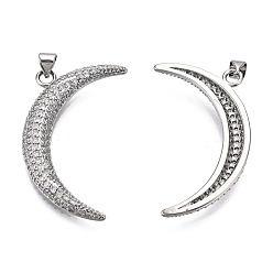 Платинированный Латунные микропаве прозрачные подвески с фианитом, без никеля , луна, Реальная платина, 40x21.5x4 мм, отверстие : 3x4 мм