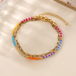 Разноцветный Женские двухслойные браслеты из стеклянных радужных бусин., с цепью из нержавеющей стали, красочный, 6.50~6.69 дюйм (16.5~17 см)