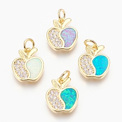 Золотой Латунные микро проложить кубического циркония подвески, с синтетическим опалом, яблоко, разноцветные, золотые, 16x13x2 мм, отверстие : 4 мм
