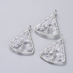 Хрусталь Долговечные латунные подвески, проволочные подвесные подвески, с кристаллами натурального кварца, Треугольник с деревом, платина, 39~40x30~31x4~8 мм, отверстие : 4.5 мм