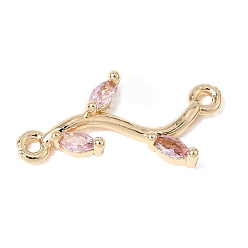 Perlas de Color Rosa Dijes de conector de zirconia cúbica micro pavé de latón, enlaces de ramas de hojas, real 18 k chapado en oro, rosa perla, 21x12x3 mm, agujero: 1.3 mm