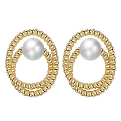 Golden 925 Sterling Silver Ring Stud Earrings with Pearl Beaded, with S925 Stamp, Golden, 18mm