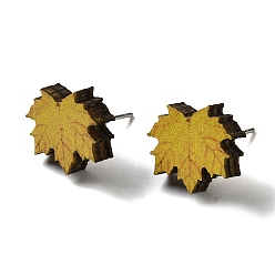 Лист Деревянные серьги-гвоздики, с 316 хирургическим стержнем из нержавеющей стали, тема благодарения, серебряные, желтые, лист, 13x15 мм