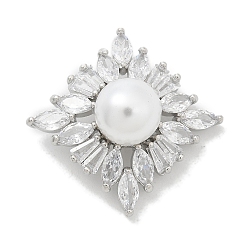 Rhombus Стойка покрытие латунные микропаве прозрачные кубические циркониевые кнопки, с ABS имитации жемчуга, долговечный, без свинца и без кадмия, 1-луночное, платина, ромб, 17x17x11.5 мм, отверстие : 1.4 мм