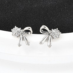 Платина Серьги-гвоздики из латунного микро-паве, бантом, платина, 11x11 мм