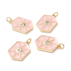 Pink Латунные микропаве прозрачные подвески с фианитом, с эмалью и кольцом для прыжков, реальный 18 k позолоченный, без свинца, без кадмии и без никеля, шестиугольник, розовые, 22.5x15x2 мм, отверстие : 3.5 мм