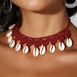 Темно-Красный Ожерелья-чокеры ручной работы из полиэстерового шнура в стиле бохо с кисточками из натуральных ракушек каури для женщин, темно-красный, 15.75~23.62 дюйм (40~60 см)