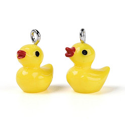 Золотистый Непрозрачные подвески смолы, очарование утки, с платиновыми тоновыми железными петлями, золотые, 17~17.5x14x10 мм, отверстие : 2 мм