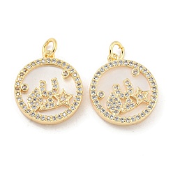 Настоящее золото 18K Латунные микропаве прозрачные подвески с фианитом, без кадмия, без никеля и без свинца, с оболочкой и кольцами для прыжков, плоский круглый с ангельскими подвесками, реальный 18 k позолоченный, 18x16x2.5~3.5 мм, отверстие : 3 мм