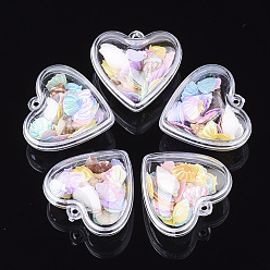 Colorful Openable Transparent Plastic Container Pendants, with Shell and Sequins, Heart, Colorful, 28.5x30x18mm, Hole: 1.6mm