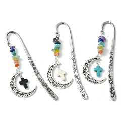 Mixed Color 3Pcs 3 Style Crescent Moon Alloy Pendant Bookmark with Chakra Gemstone Chip & Cross, Flower Pattern Hook Bookmarks, Mixed Color, 118mm, 1pc/style
