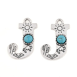 Letter J Подвески из синтетической бирюзы и сплавов, письмо амулеты, античное серебро, буква J, 30x20x5 мм, отверстие : 3 мм