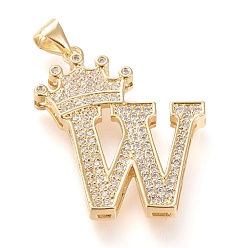 Letter W Латунные микро проложить кубического циркония подвески, долговечный, со сменными под залог, letter.w с короной, реальный 18 k позолоченный, прозрачные, буква.w, ш: 28x20.5x4 мм, отверстие : 3x4 мм