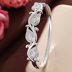 Platinum Brass Pave Clear Cubic Zirconia Drop Leaf Cuff Hinged Bangles for Women, Platinum, Inner Diameter: 2.17 inch(5.5cm)