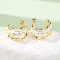 Real 18K Gold Plated Rack Plating Brass Enamel Stud Earrings, Flower Pattern, Half Hoop Earrings, Cadmium Free & Lead Free, Long-Lasting Plated, Real 18K Gold Plated, 20x12mm
