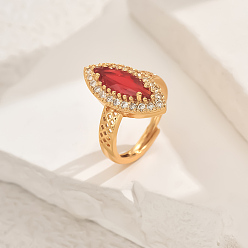 Красный Латунное микропаве кубический цирконий регулируемое кольцо на палец для женщин, лошадиный глаз , золотые, красные, 22x11 мм, внутренний диаметр: регулируемый