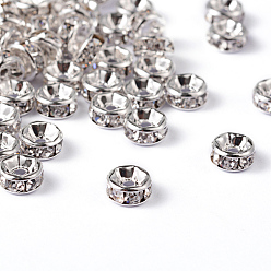 Crystal Brass Rhinestone Spacer Beads, Grade AAA, Straight Flange, Nickel Free, Silver Color Plated, Rondelle, Crystal, 6x3mm, Hole: 1mm
