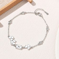 Platinum Brass Pave Clear Cubic Zirconia Clover Envelope Link Bracelets, with White Enamel, Long-Lasting Plated, Rack Plating, Lead Free & Cadmium Free, Platinum, 6.50 inch(16.5cm)