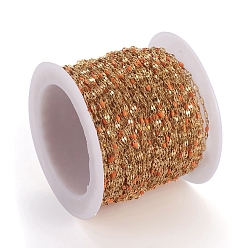 Coral Handmade 304 Stainless Steel Dapped Chains, Cable Chains, with Enamel and Spool, Soldered, Flat Oval, Long-Lasting Plated, Coral, 3x1.5x0.1~1mm, about 32.8 Feet(10m)/roll