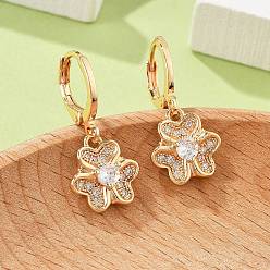 Клевер Женские серьги-кольца из латуни с микропаве и прозрачными циркониями, без кадмия и без свинца, долговечный, стойки покрытие, золотые, клевер, 25.5x11.5 мм