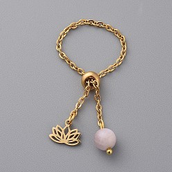 Kunzit Einstellbare Fingerringe aus 304 Edelstahl, Schieberegler Ringe, mit natürlichen Kunzitperlen, Lotosblume, golden, 96 mm