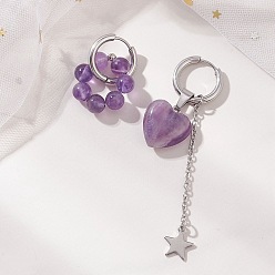 Аметист Сердечко ко Дню святого Валентина 304 Серьги-кольца из нержавеющей стали, с естественным аметист, цвет нержавеющей стали, слева и справа, 28.5x21 мм