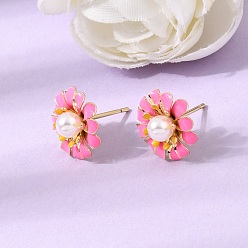 Cramoisi Boucles d'oreille en laiton émaillé, fleur, avec des perles en plastique abs, sans plomb et sans cadmium, crémaillère plaquage, plaqué longue durée, réel 18 k plaqué or, cramoisi, 13.5~14mm