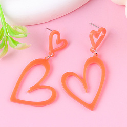 Темный Лосось Модные акриловые серьги-гвоздики из нержавеющей стали, сердце, цвет нержавеющей стали, темный лосось, 58x30 мм