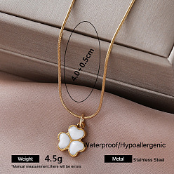 Clover Vintage 304 Stainless Steel Enamel Pendant Round Snake Chain Necklaces for Women, Golden, White, Clover, 15.75 inch(40cm)