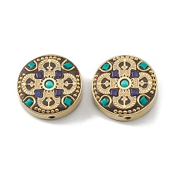 Flat Round Handmade Polymer Clay Indonesia Beads, with Resin & Synthetic Turquoise & Unplated Brass, Colorful, Flat Round, 20x7.5mm, Hole: 2mm