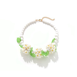 Белый Ожерелья-нагрудники из цветочного акрилового круглого градуированного бисера с цепочками на концах из сплава, золотые, белые, 16.93 дюйм (43 см)