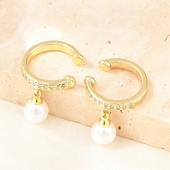 Настоящее золото 18K Круглые латунные серьги-каффы с микропаве из прозрачных кубических цирконий, с абс пластмассовой имитационной жемчужиной, без кадмия и без свинца, долговечный, стойки покрытие, реальный 18 k позолоченный, 13.5x14 мм