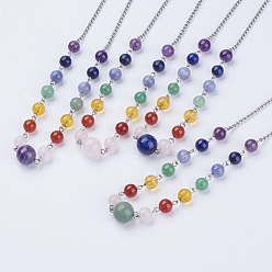 Mixed Stone Natural Gemstone Beaded Necklaces, with Iron Chain, Alloy Heart Charm and Brass Lobster Clasps, Platinum, 18.7 inch(47.5cm)