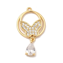 Настоящее золото 18K Подвески из латуни с прозрачным фианитом, без никеля , кольцо с подвесками в виде бабочки и слезы, реальный 18 k позолоченный, 28x15.5x3 мм, отверстие : 1.2 мм