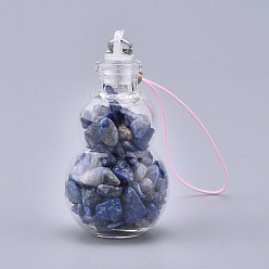 Lapis Lazuli Transparent Glass Wishing Bottle Pendant Decoration, with Natural Lapis Lazuli Chips inside, Plastic Plug, Nylon Cord and Iron Findings, Gourd, 111~130mm